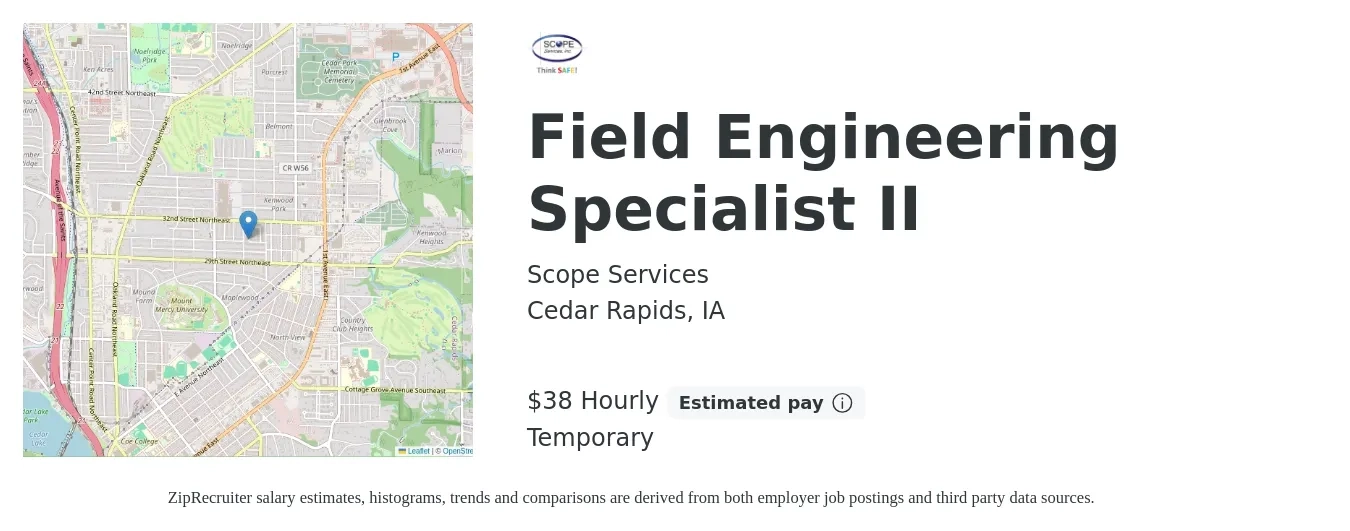 Scope Services job posting for a Field Engineering Specialist II in Cedar Rapids, IA with a salary of $40 Hourly with a map of Cedar Rapids location.