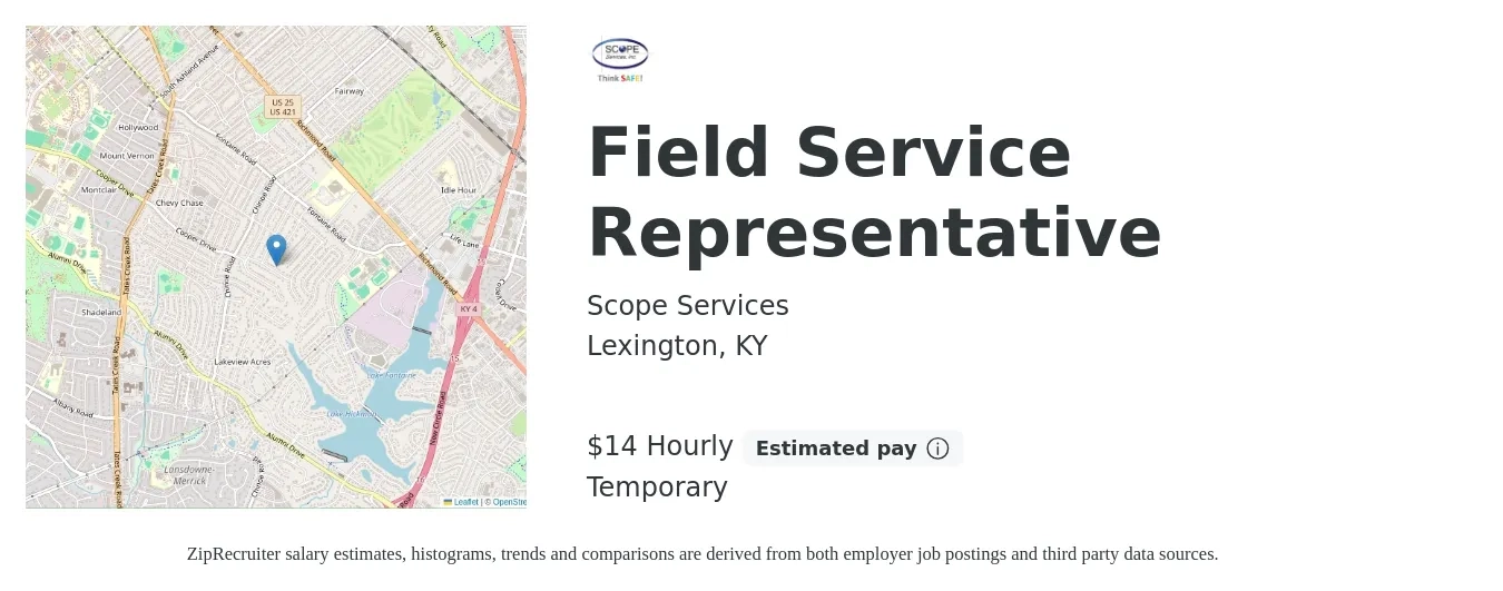 Scope Services job posting for a Field Service Representative in Lexington, KY with a salary of $15 Hourly with a map of Lexington location.