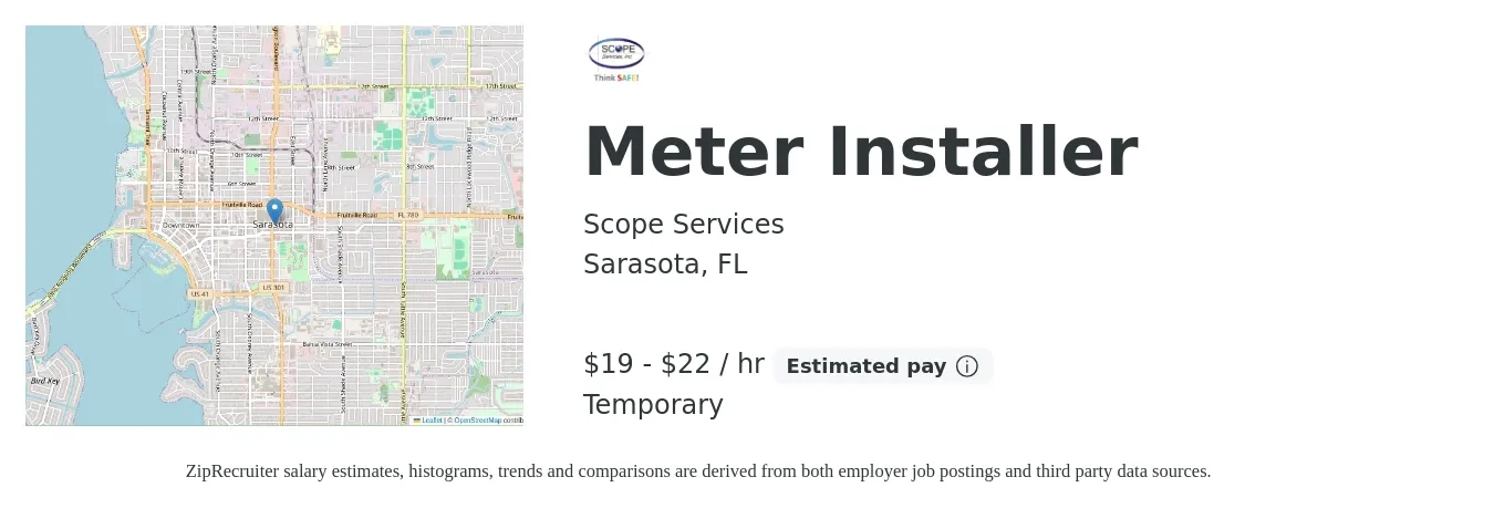 Scope Services job posting for a Meter Installer in Sarasota, FL with a salary of $20 to $23 Hourly with a map of Sarasota location.
