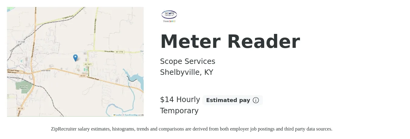 Scope Services job posting for a Meter Reader in Shelbyville, KY with a salary of $15 Hourly with a map of Shelbyville location.