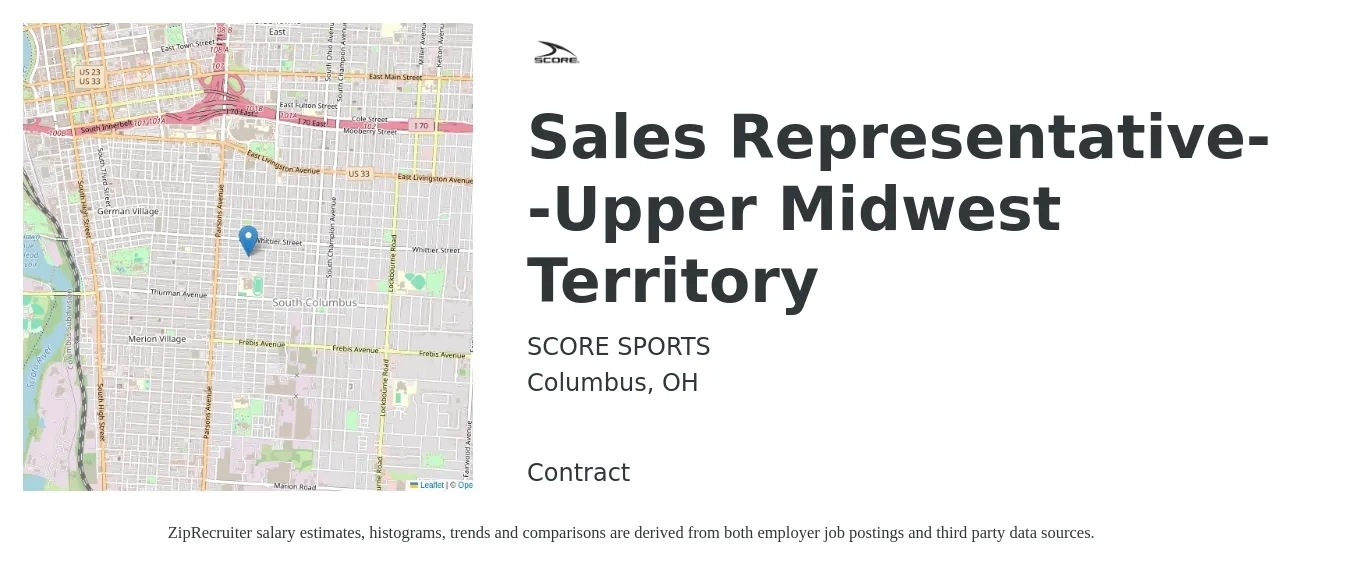 SCORE SPORTS job posting for a Sales Representative--Upper Midwest Territory in Columbus, OH with a salary of $48,300 to $80,200 Yearly with a map of Columbus location.