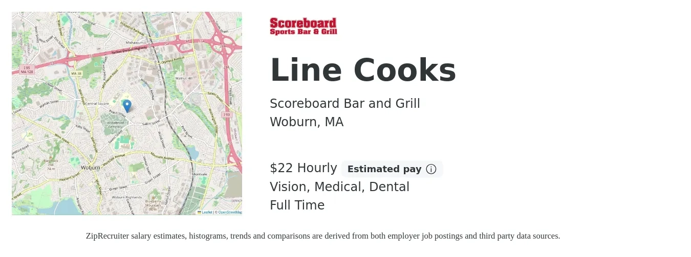Scoreboard Bar and Grill job posting for a Line Cooks in Woburn, MA with a salary of $23 Hourly and benefits including dental, life_insurance, medical, pto, retirement, and vision with a map of Woburn location.