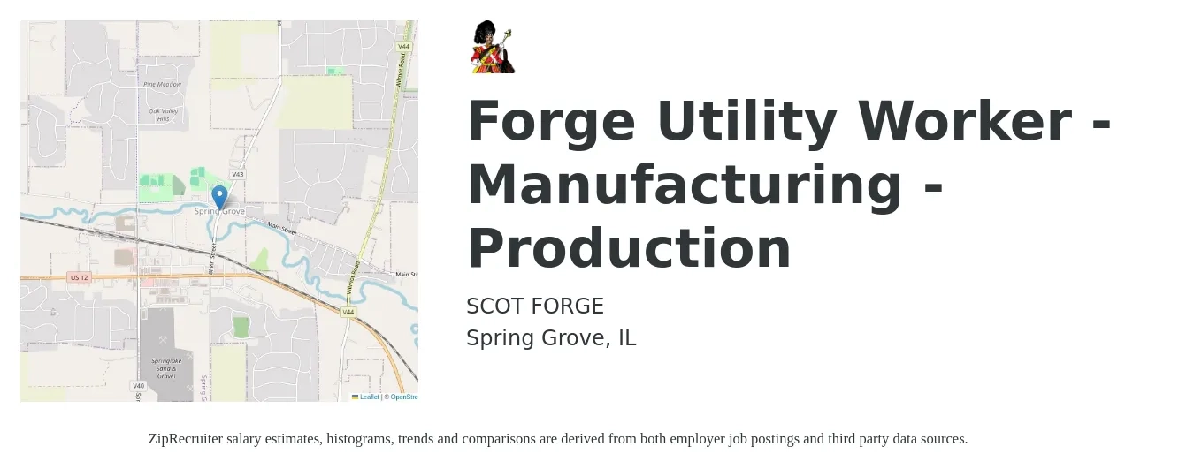 SCOT FORGE job posting for a Forge Utility Worker - Manufacturing - Production in Spring Grove, IL with a salary of $16 to $21 Hourly with a map of Spring Grove location.