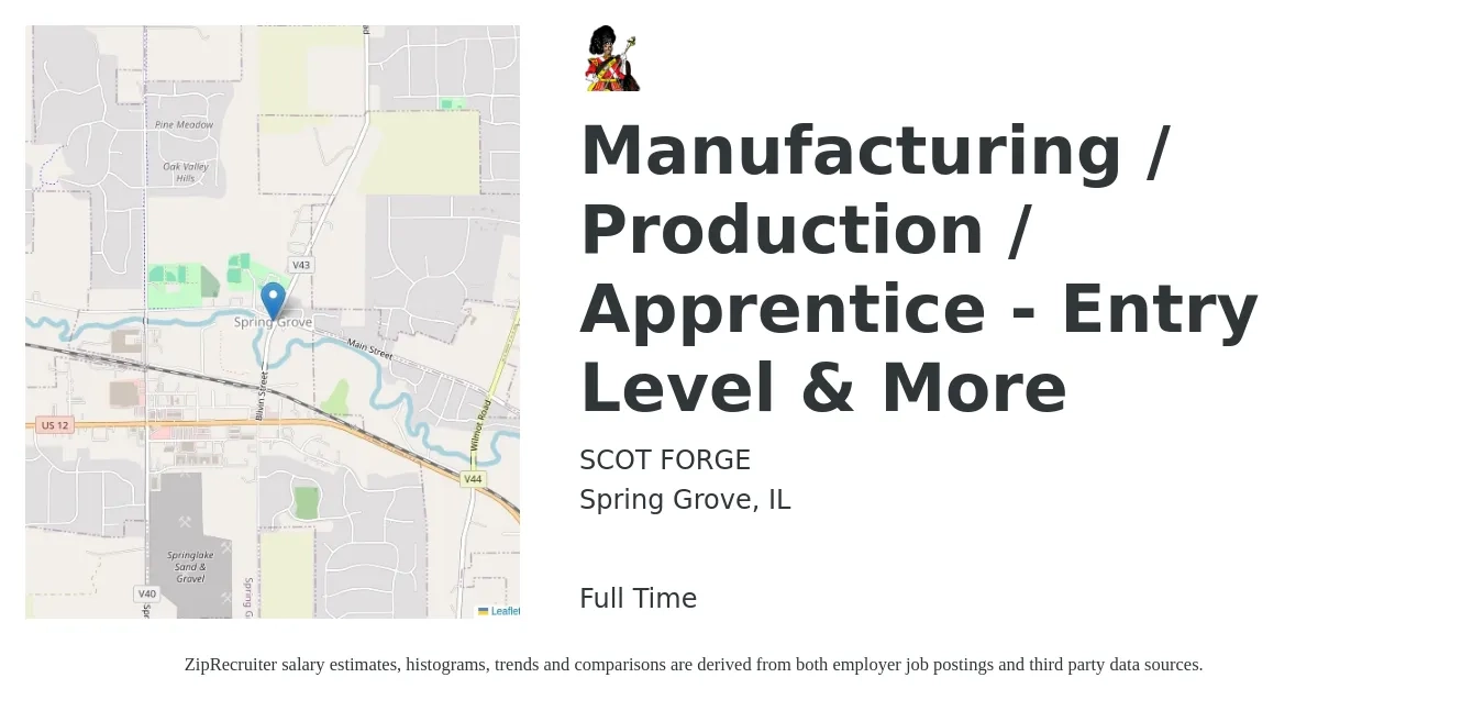 SCOT FORGE job posting for a Manufacturing / Production / Apprentice - Entry Level & More in Spring Grove, IL with a salary of $18 to $26 Hourly with a map of Spring Grove location.