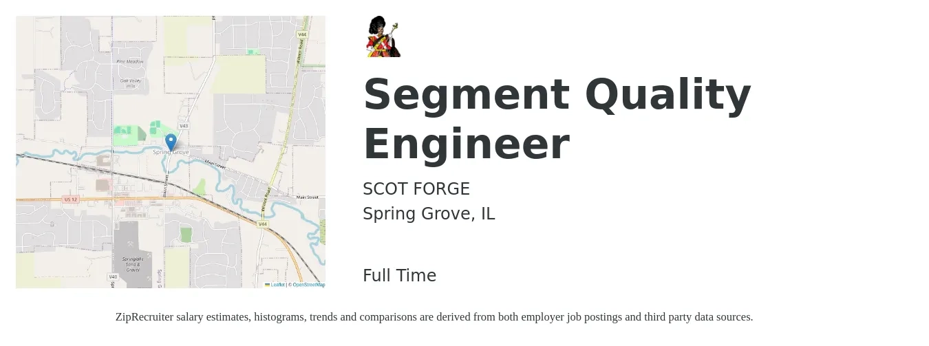 SCOT FORGE job posting for a Segment Quality Engineer in Spring Grove, IL with a salary of $72,300 to $93,400 Yearly with a map of Spring Grove location.