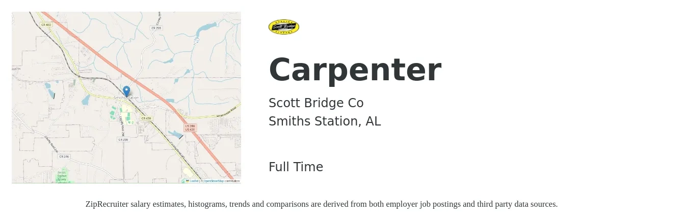 Scott Bridge Co job posting for a Carpenter in Smiths Station, AL with a salary of $16 to $22 Hourly with a map of Smiths Station location.