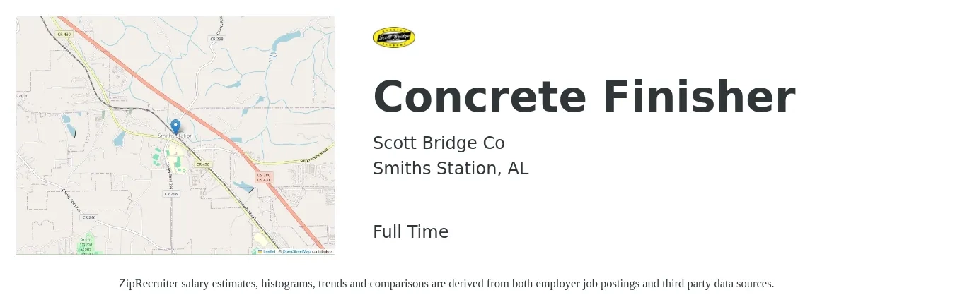 Scott Bridge Co job posting for a Concrete Finisher in Smiths Station, AL with a salary of $16 to $21 Hourly with a map of Smiths Station location.