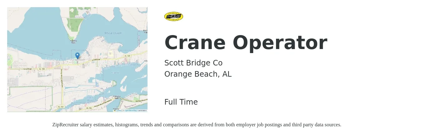 Scott Bridge Co job posting for a Crane Operator in Orange Beach, AL with a salary of $20 to $30 Hourly with a map of Orange Beach location.