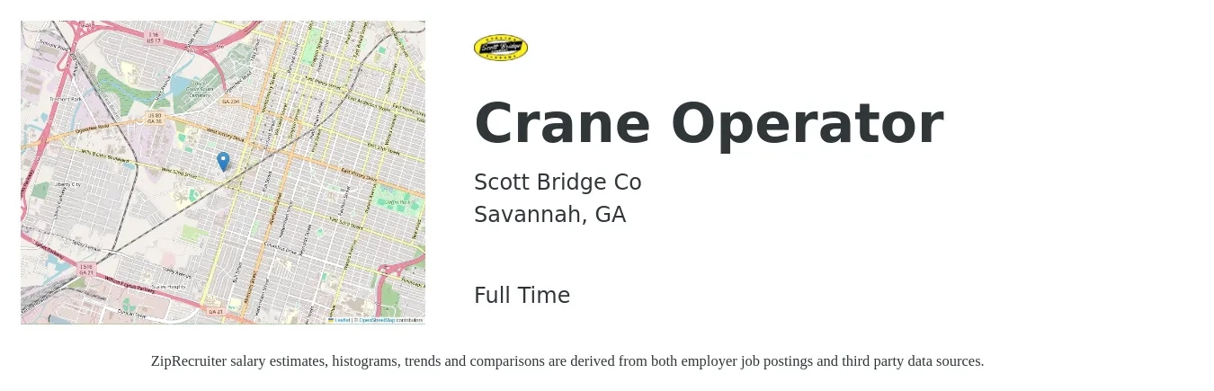 Scott Bridge Co job posting for a Crane Operator in Savannah, GA with a salary of $21 to $32 Hourly with a map of Savannah location.