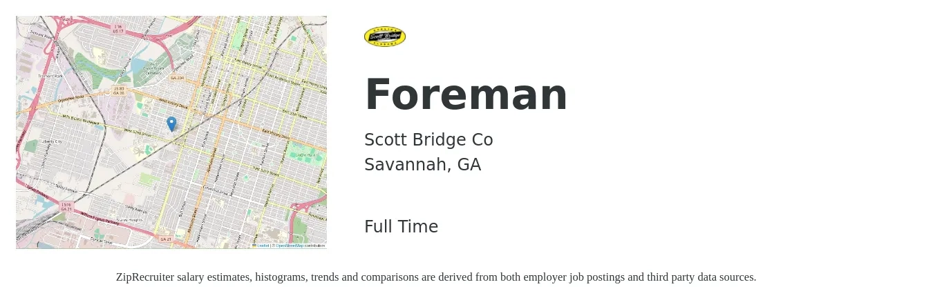 Scott Bridge Co job posting for a Foreman in Savannah, GA with a salary of $66,100 to $107,600 Yearly with a map of Savannah location.