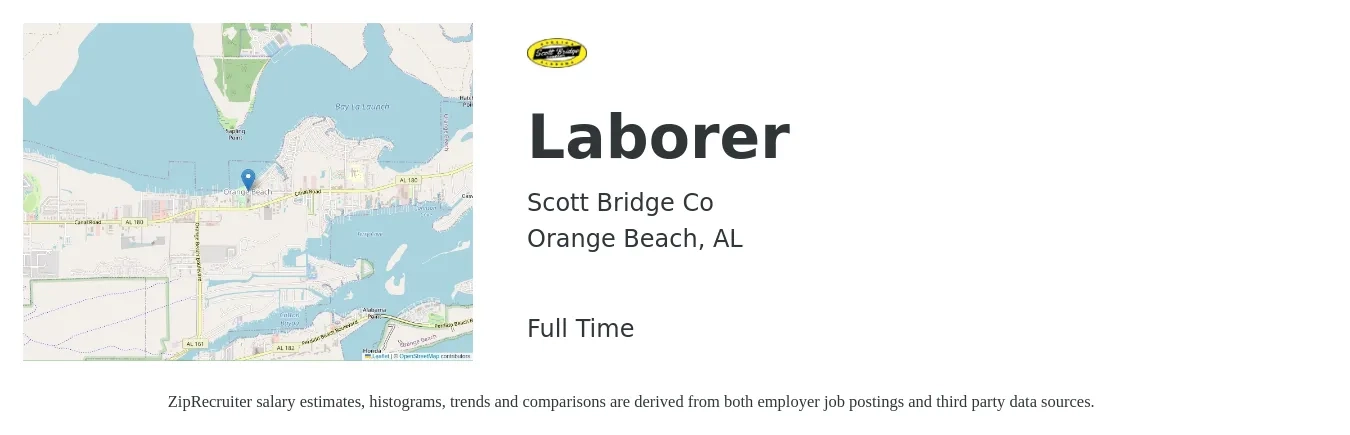 Scott Bridge Co job posting for a Laborer in Orange Beach, AL with a salary of $15 to $20 Hourly with a map of Orange Beach location.