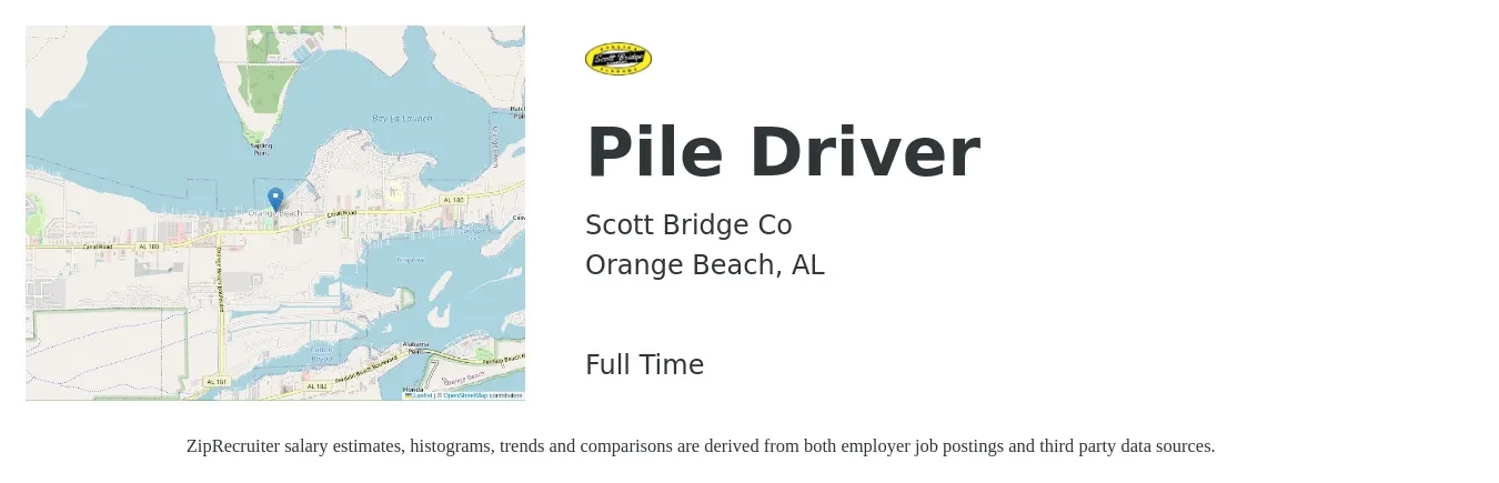 Scott Bridge Co job posting for a Pile Driver in Orange Beach, AL with a salary of $15 to $24 Hourly with a map of Orange Beach location.