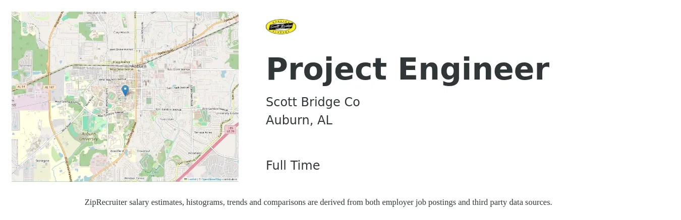 Scott Bridge Co job posting for a Project Engineer in Auburn, AL with a salary of $61,400 to $85,800 Yearly with a map of Auburn location.