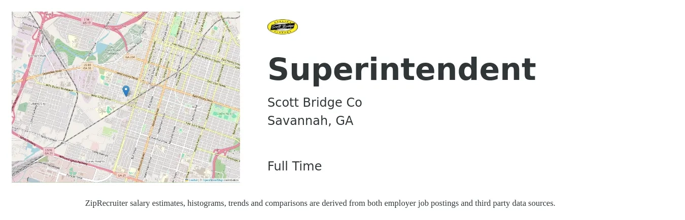 Scott Bridge Co job posting for a Superintendent in Savannah, GA with a salary of $66,100 to $107,600 Yearly with a map of Savannah location.