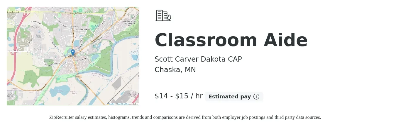 Scott Carver Dakota CAP job posting for a Classroom Aide in Chaska, MN with a salary of $15 to $16 Hourly with a map of Chaska location.