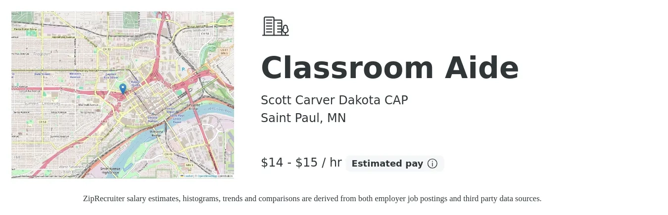 Scott Carver Dakota CAP job posting for a Classroom Aide in Saint Paul, MN with a salary of $15 to $16 Hourly with a map of Saint Paul location.