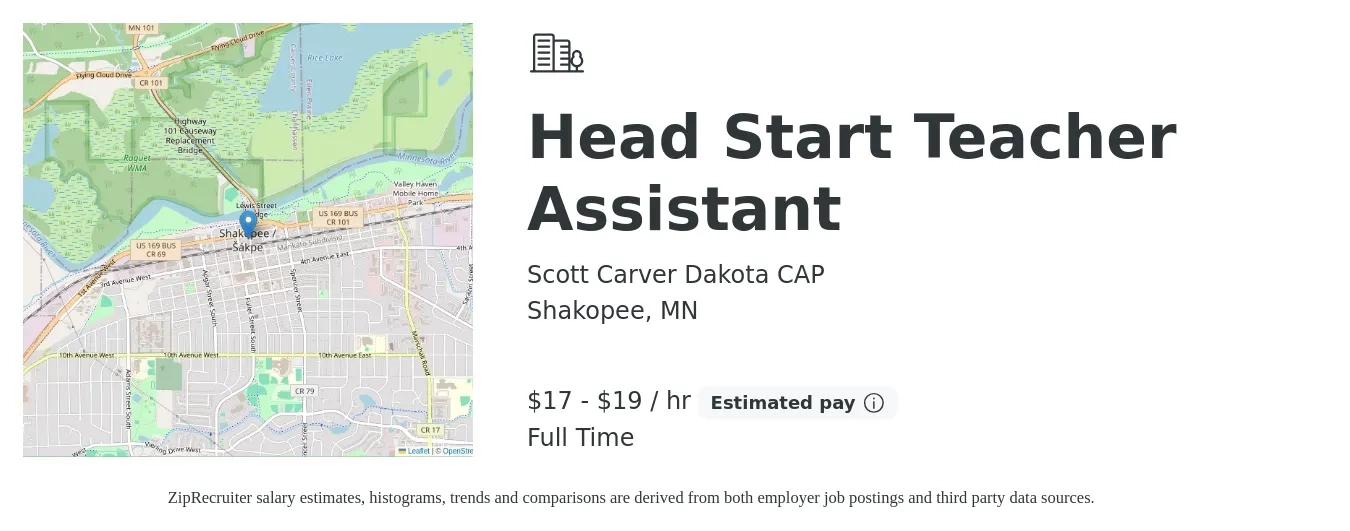 Scott Carver Dakota CAP job posting for a Head Start Teacher Assistant in Shakopee, MN with a salary of $19 to $20 Hourly with a map of Shakopee location.