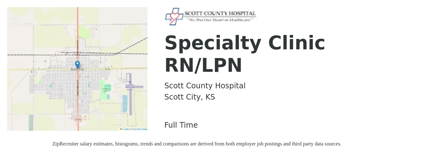 Scott County Hospital job posting for a Specialty Clinic RN/LPN in Scott City, KS with a salary of $24 to $32 Hourly with a map of Scott City location.