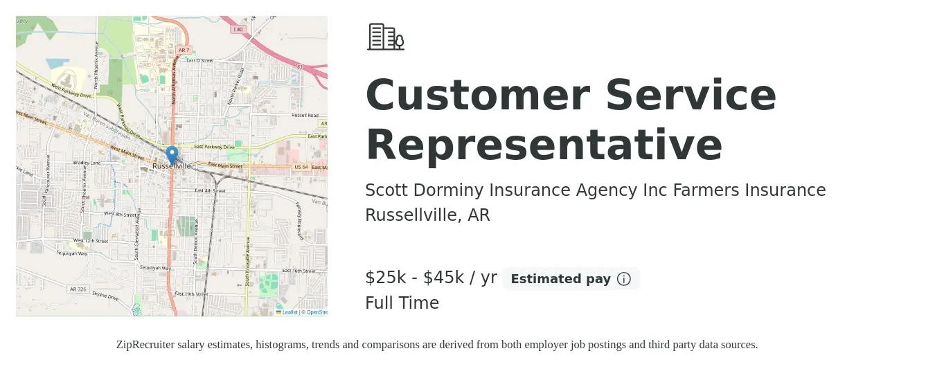 Scott Dorminy Insurance Agency Inc Farmers Insurance job posting for a Customer Service Representative in Russellville, AR with a salary of $25,000 to $45,000 Yearly with a map of Russellville location.