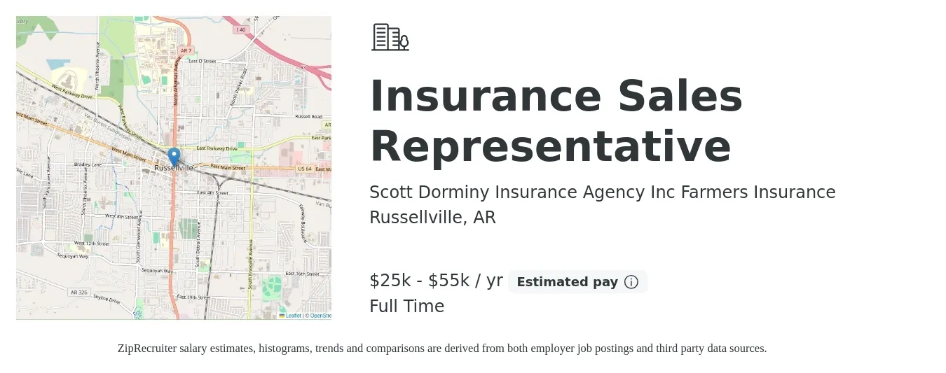 Scott Dorminy Insurance Agency Inc Farmers Insurance job posting for a Insurance Sales Representative in Russellville, AR with a salary of $25,000 to $55,000 Yearly with a map of Russellville location.
