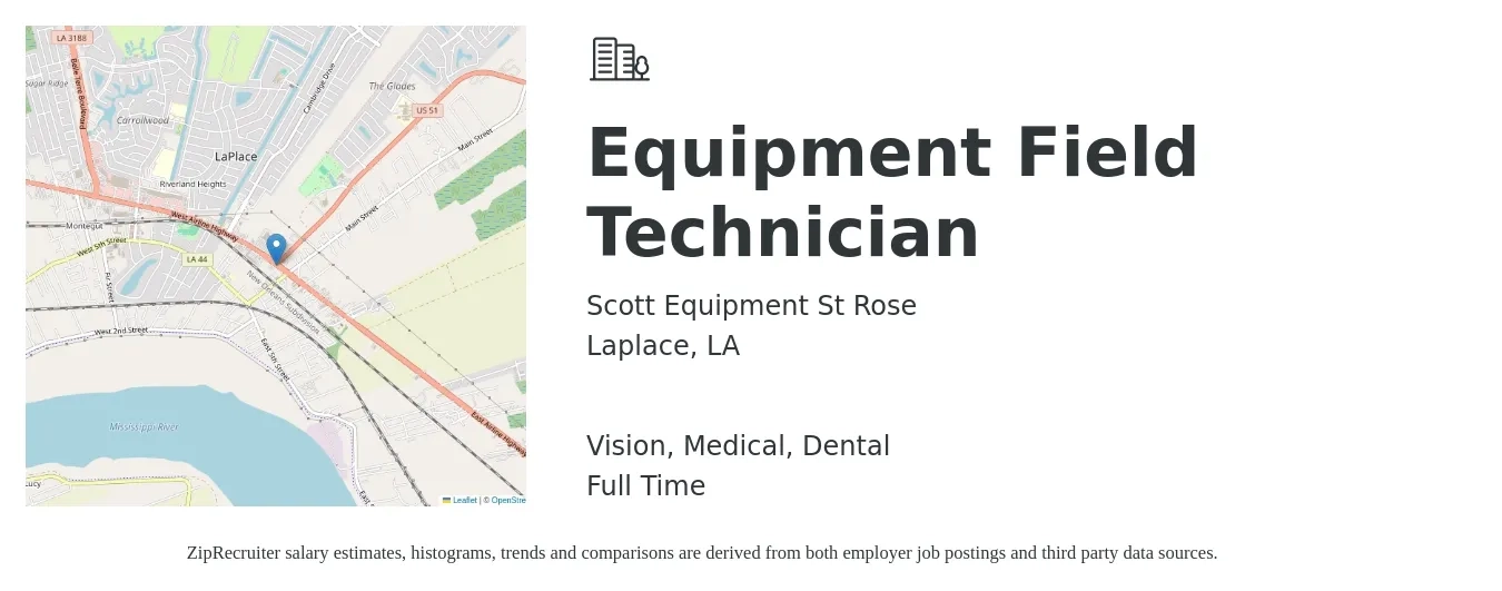 Scott Equipment St Rose job posting for a Equipment Field Technician in Laplace, LA with a salary of $20 to $28 Hourly and benefits including retirement, vision, dental, life_insurance, and medical with a map of Laplace location.