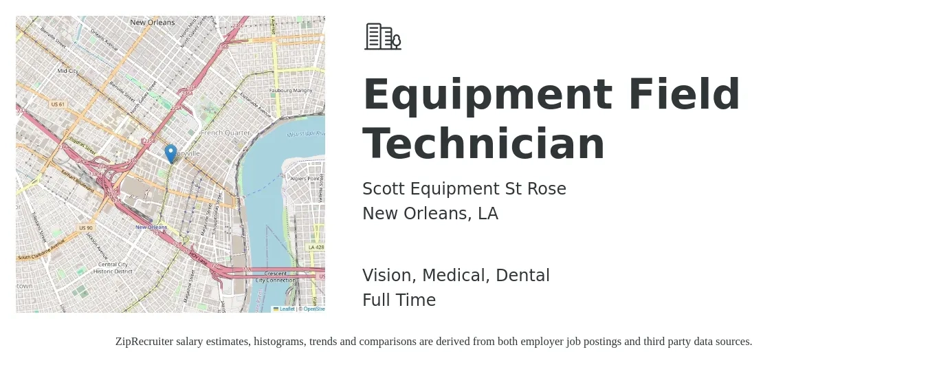Scott Equipment St Rose job posting for a Equipment Field Technician in New Orleans, LA with a salary of $20 to $29 Hourly and benefits including dental, life_insurance, medical, retirement, and vision with a map of New Orleans location.