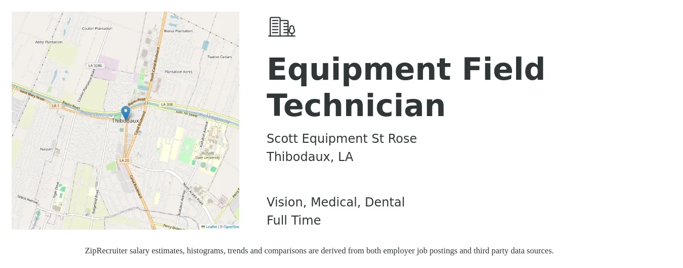 Scott Equipment St Rose job posting for a Equipment Field Technician in Thibodaux, LA with a salary of $40,425 to $58,297 Yearly and benefits including 401k, dental, life_insurance, medical, and vision with a map of Thibodaux location.