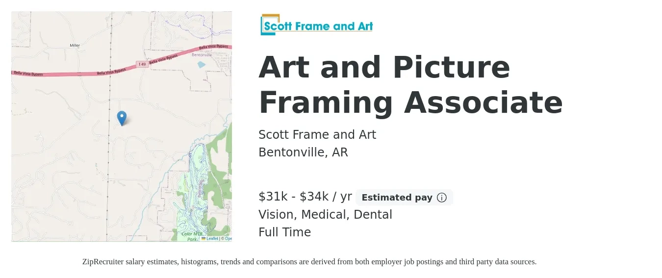 Scott Frame and Art job posting for a Art and Picture Framing Associate in Bentonville, AR with a salary of $31,200 to $34,000 Yearly and benefits including pto, vision, dental, life_insurance, and medical with a map of Bentonville location.