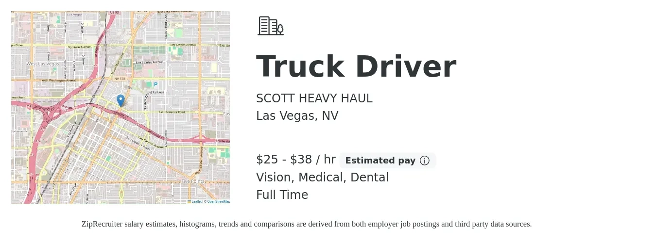 SCOTT HEAVY HAUL job posting for a Truck Driver in Las Vegas, NV with a salary of $27 to $40 Hourly and benefits including vision, dental, and medical with a map of Las Vegas location.