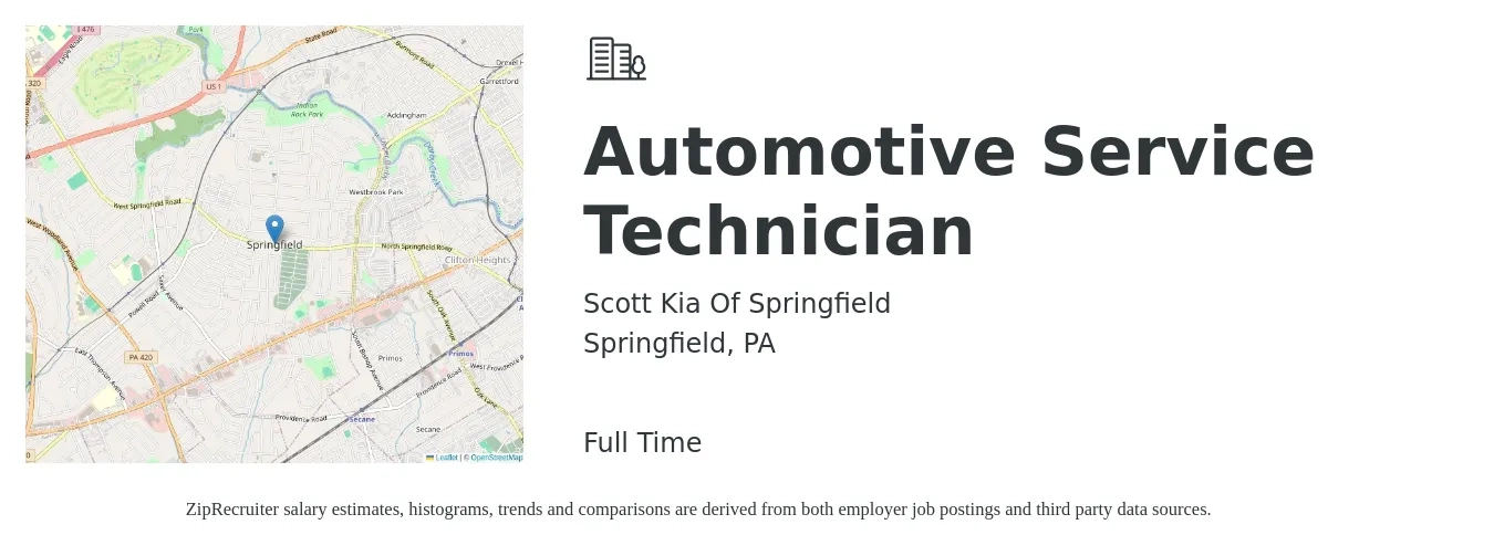 Scott Kia Of Springfield job posting for a Automotive Service Technician in Springfield, PA with a salary of $18 to $29 Hourly with a map of Springfield location.