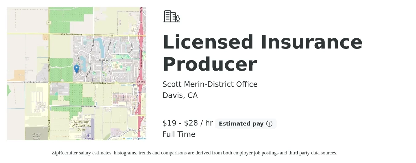 Scott Merin-District Office job posting for a Licensed Insurance Producer in Davis, CA with a salary of $20 to $30 Hourly with a map of Davis location.
