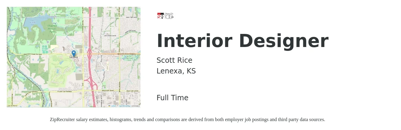 Scott Rice job posting for a Interior Designer in Lenexa, KS with a salary of $52,900 to $75,700 Yearly with a map of Lenexa location.