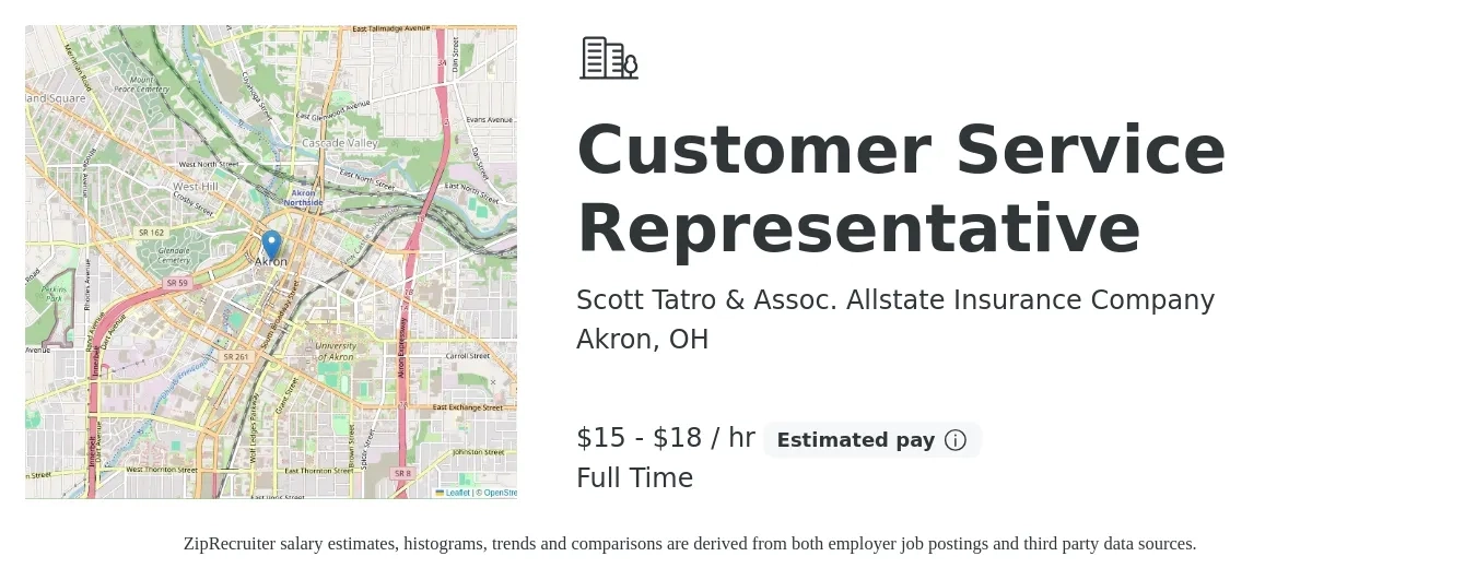 Scott Tatro & Assoc. Allstate Insurance Company job posting for a Customer Service Representative in Akron, OH with a salary of $12 to $16 Yearly with a map of Akron location.