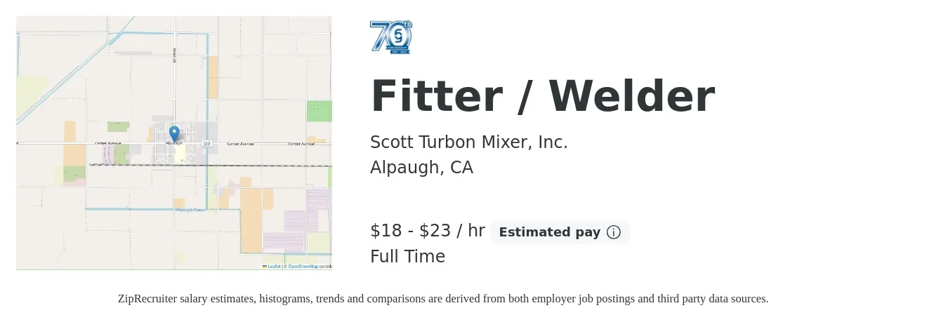 Scott Turbon Mixer, Inc. job posting for a Fitter / Welder in Alpaugh, CA with a salary of $19 to $24 Hourly with a map of Alpaugh location.