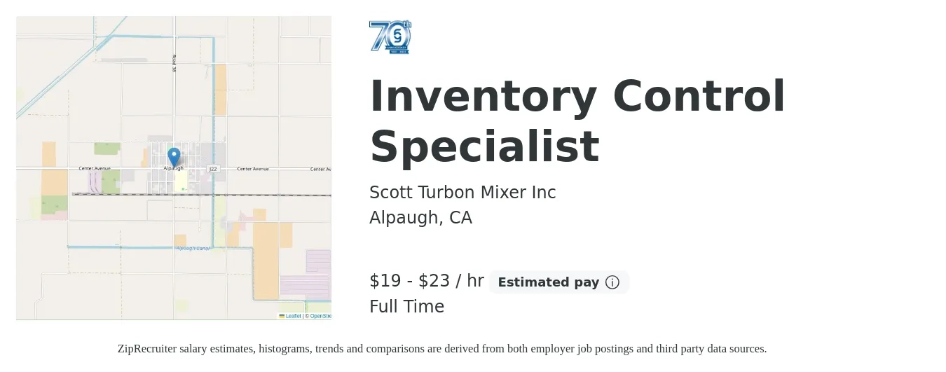 Scott Turbon Mixer Inc job posting for a Inventory Control Specialist in Alpaugh, CA with a salary of $20 to $24 Hourly with a map of Alpaugh location.