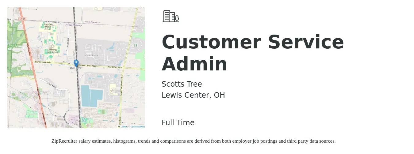 Scotts Tree job posting for a Customer Service Admin in Lewis Center, OH with a salary of $700 Weekly with a map of Lewis Center location.