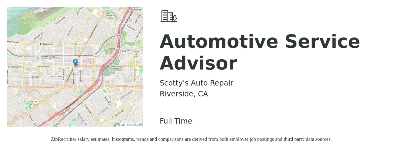Scotty's Auto Repair job posting for a Automotive Service Advisor in Riverside, CA with a salary of $3,360 to $5,040 Monthly with a map of Riverside location.