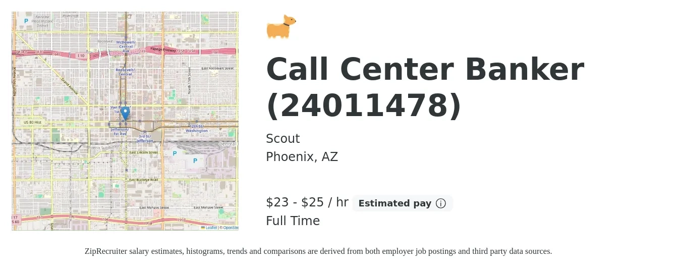 Scout job posting for a Call Center Banker (24011478) in Phoenix, AZ with a salary of $24 to $26 Hourly with a map of Phoenix location.