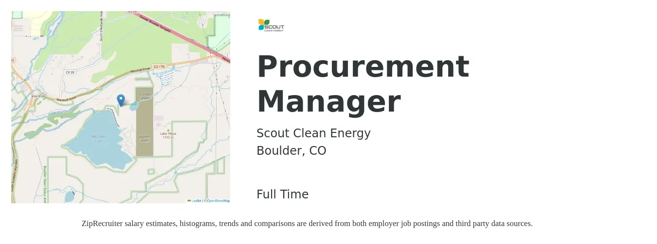 Scout Clean Energy job posting for a Procurement Manager in Boulder, CO with a salary of $76,700 to $118,200 Yearly with a map of Boulder location.