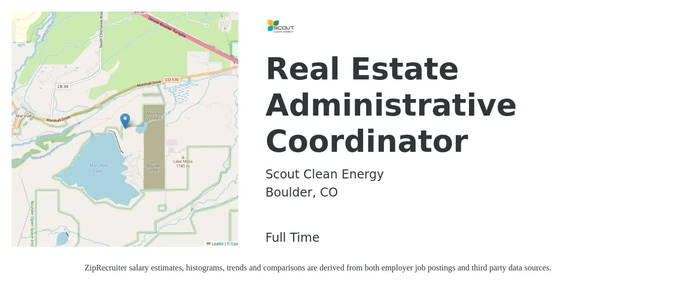 Scout Clean Energy job posting for a Real Estate Administrative Coordinator in Boulder, CO with a salary of $20 to $28 Hourly with a map of Boulder location.
