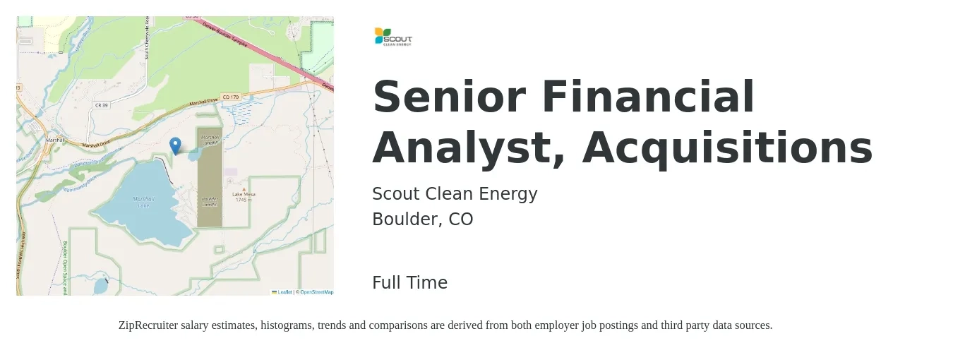 Scout Clean Energy job posting for a Senior Financial Analyst, Acquisitions in Boulder, CO with a salary of $88,700 to $110,500 Yearly with a map of Boulder location.