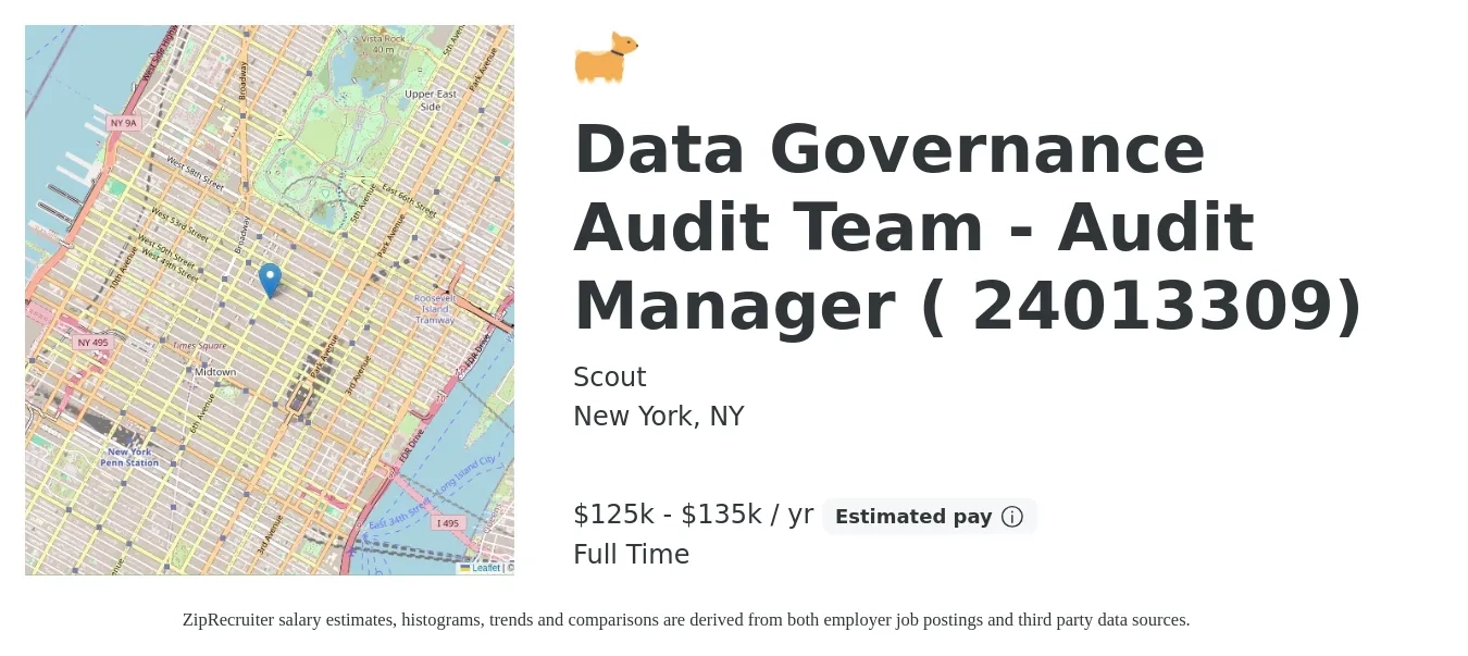 Scout job posting for a Data Governance Audit Team - Audit Manager ( 24013309) in New York, NY with a salary of $125,000 to $135,000 Yearly with a map of New York location.