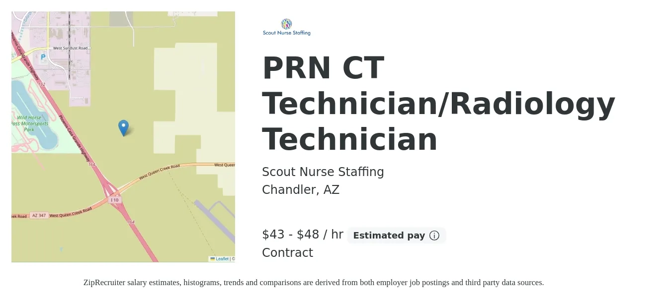 Scout Nurse Staffing job posting for a PRN CT Technician/Radiology Technician in Chandler, AZ with a salary of $45 to $50 Hourly with a map of Chandler location.