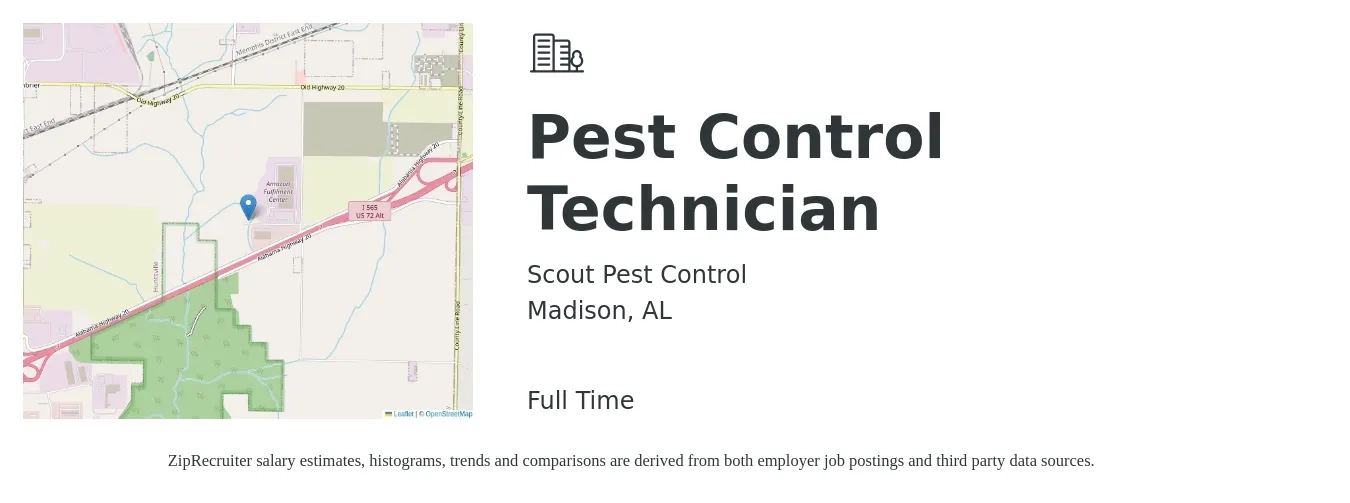 Scout Pest Control job posting for a Pest Control Technician in Madison, AL with a salary of $16 to $18 Hourly with a map of Madison location.