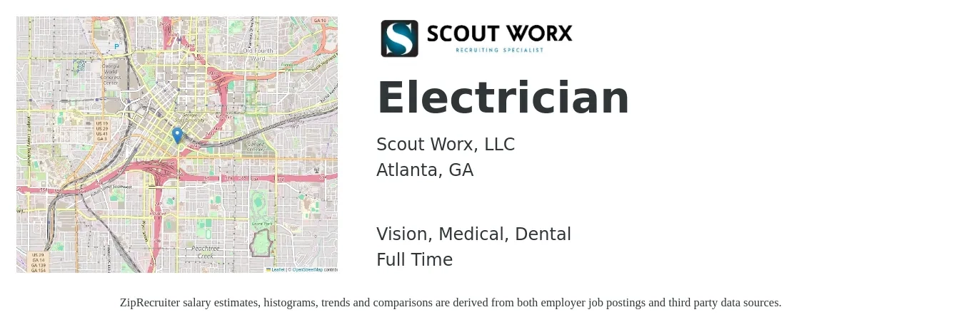 Scout Worx, LLC job posting for a Electrician in Atlanta, GA with a salary of $24 to $33 Hourly and benefits including vision, dental, life_insurance, medical, and retirement with a map of Atlanta location.