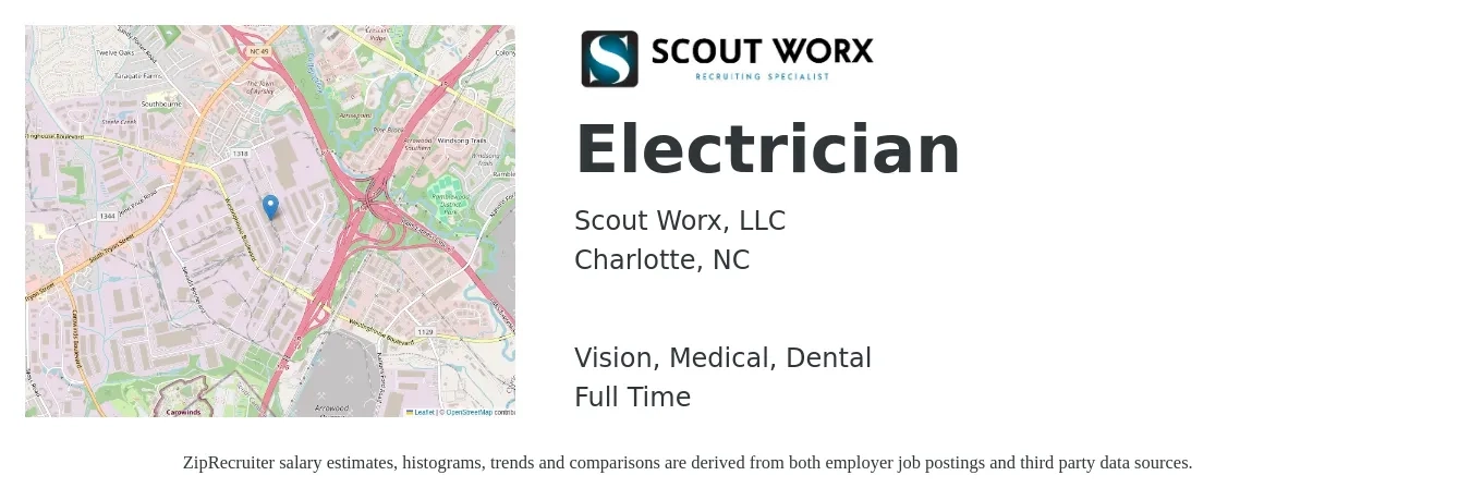 Scout Worx, LLC job posting for a Electrician in Charlotte, NC with a salary of $24 to $34 Hourly and benefits including dental, life_insurance, medical, retirement, and vision with a map of Charlotte location.