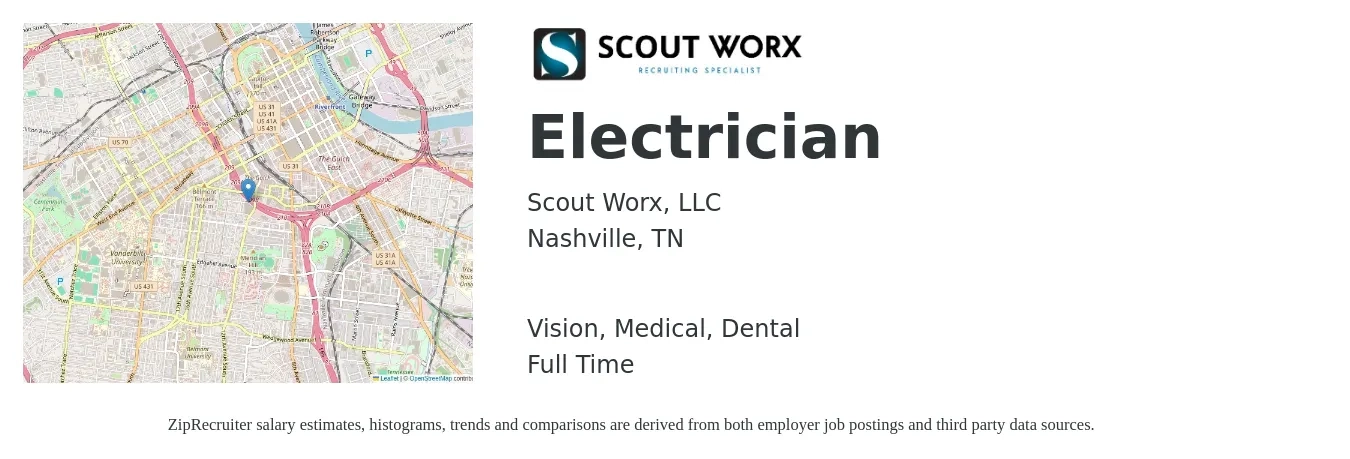 Scout Worx, LLC job posting for a Electrician in Nashville, TN with a salary of $24 to $33 Hourly and benefits including dental, life_insurance, medical, retirement, and vision with a map of Nashville location.