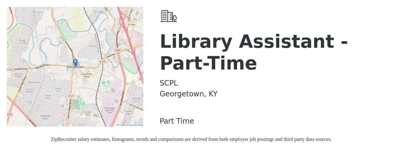 SCPL job posting for a Library Assistant - Part-Time in Georgetown, KY with a salary of $16 Hourly with a map of Georgetown location.