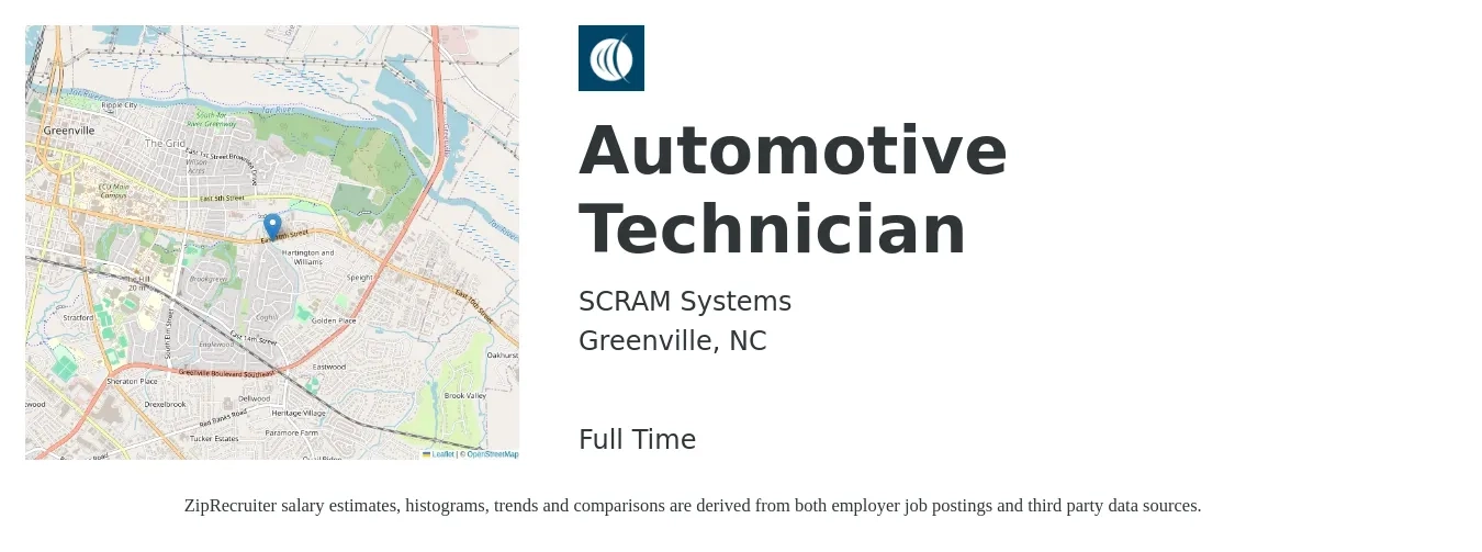 SCRAM Systems job posting for a Automotive Technician in Greenville, NC with a salary of $21 to $33 Hourly with a map of Greenville location.