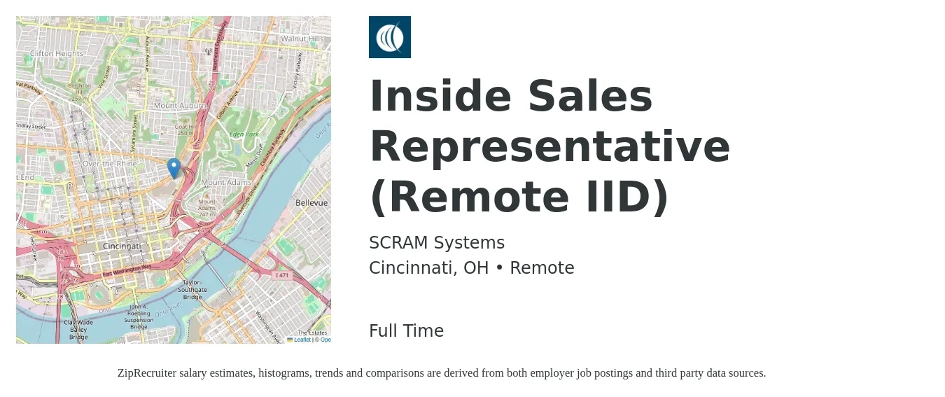 SCRAM Systems job posting for a Inside Sales Representative (Remote IID) in Cincinnati, OH with a salary of $37,900 to $56,700 Yearly with a map of Cincinnati location.